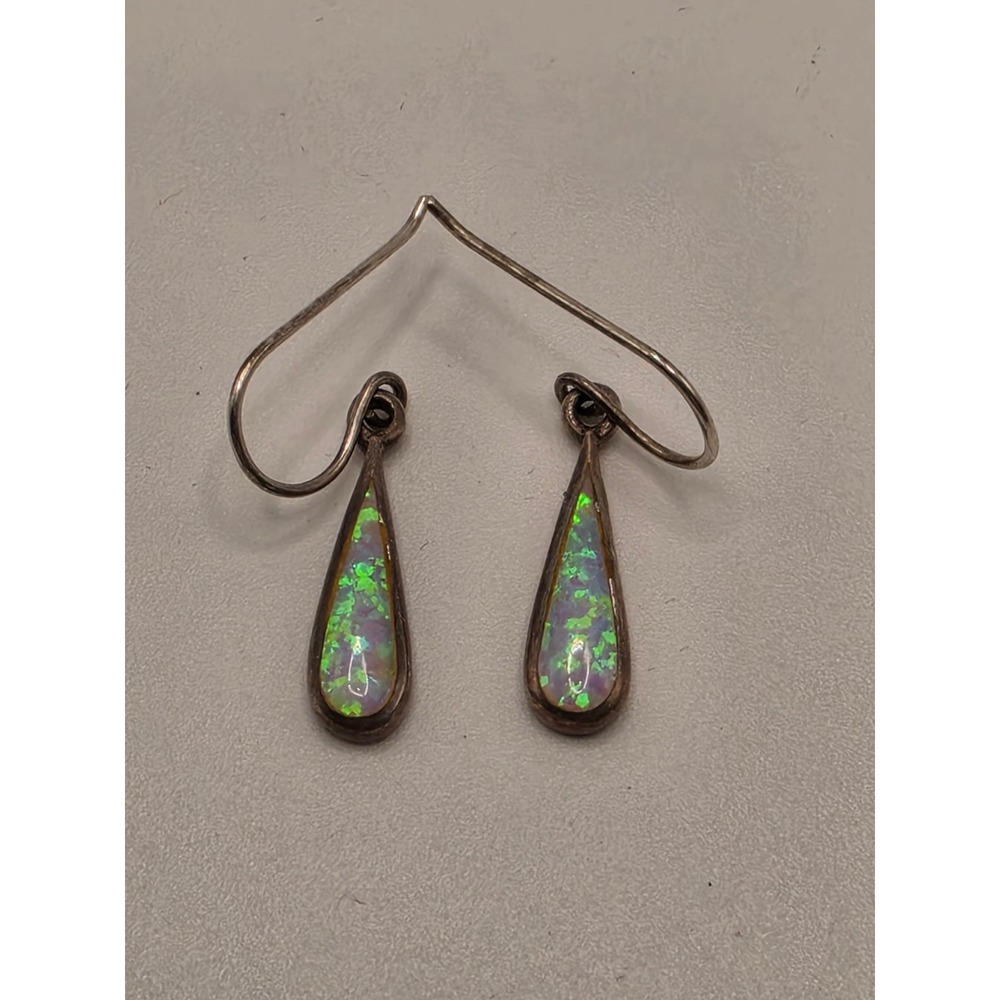Sterling Silver 925 Lab Created Fire Opal Teardrop Dangle Earrings Green Pink